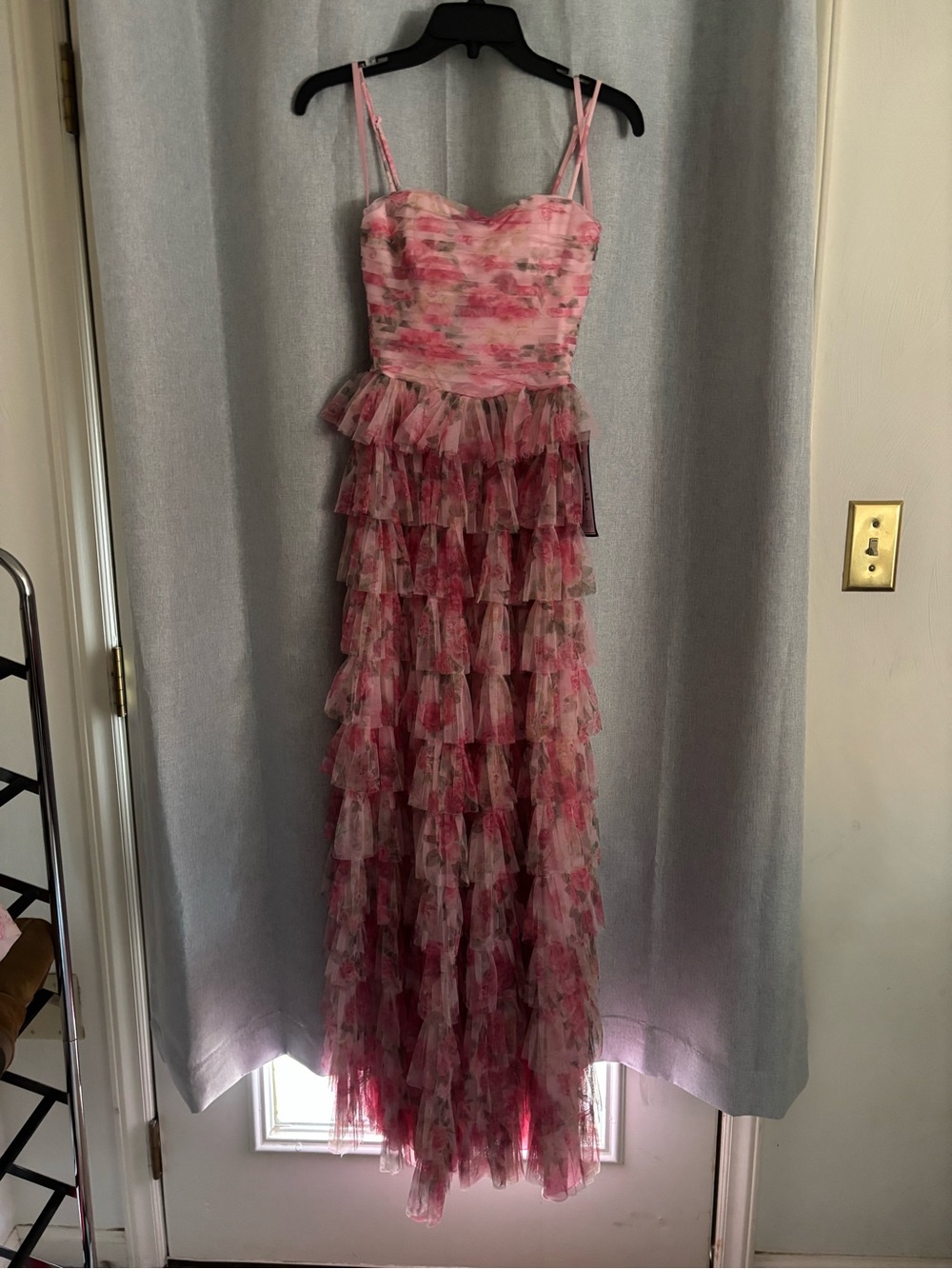 Macy's Pink Floral Tiered Ruffle Prom Dress